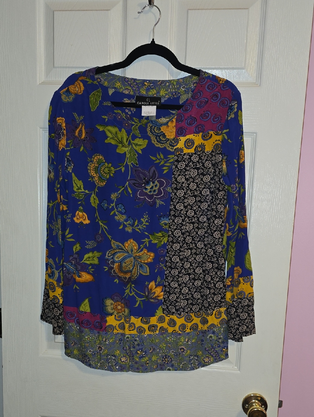 Vintage Carole Little Bright Blue Floral Patchwork Blouse